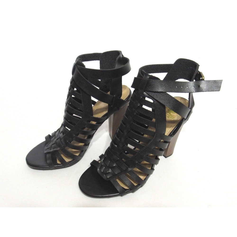 Sheikh Black Open‎ Toe High Heel Leather Gladiator Strap Shoes Size 7